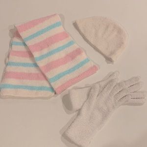 White Pink and Blue Scarf Hat and Glove Set